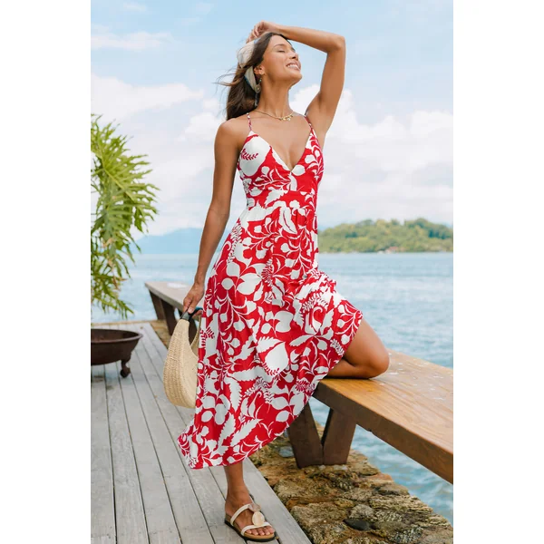Robe longue tropicale aux couleurs du coucher de soleil