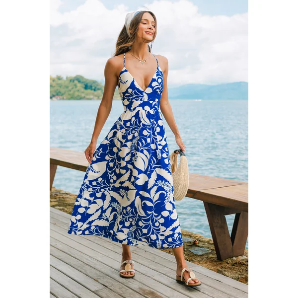 Robe longue tropicale avec col en V