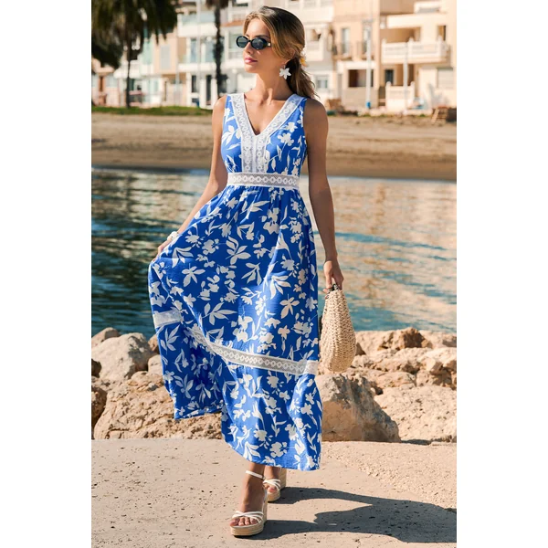 Robe longue tropicale bleue col V