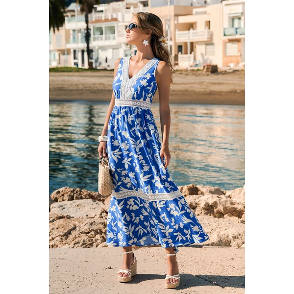 Robe longue tropicale bleue col V