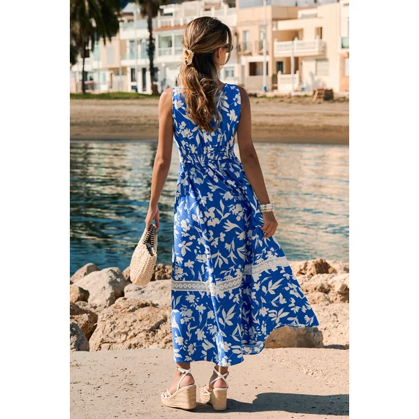 Robe longue tropicale bleue col V