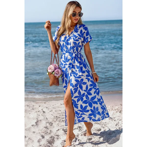 Robe longue tropicale bleue nouer à la taille