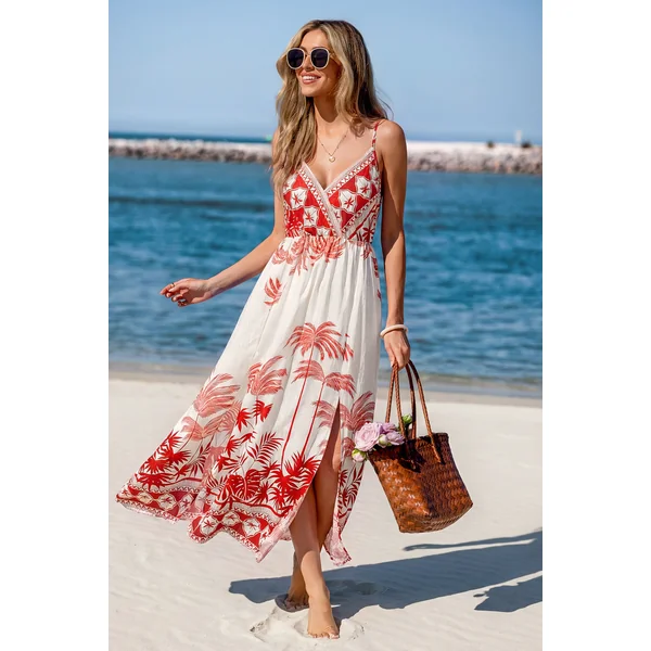Robe longue tropicale col surplis sans manches