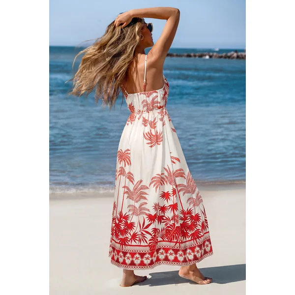 Robe longue tropicale col surplis sans manches