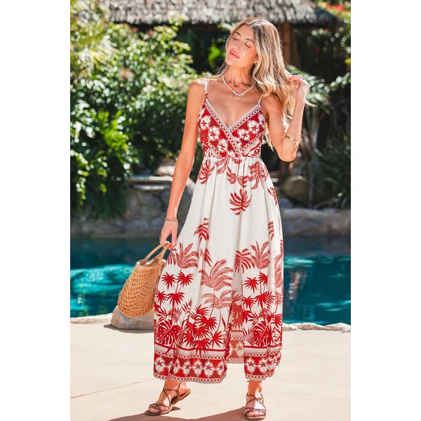 Robe longue tropicale col surplis sans manches