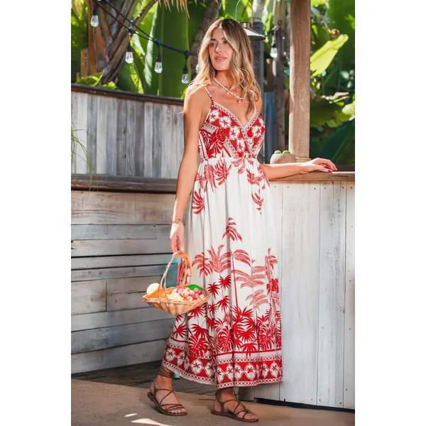 Robe longue tropicale col surplis sans manches