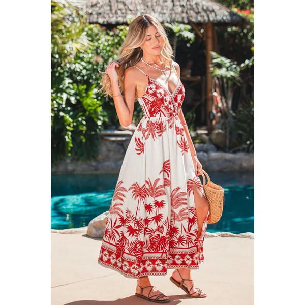 Robe longue tropicale col surplis sans manches
