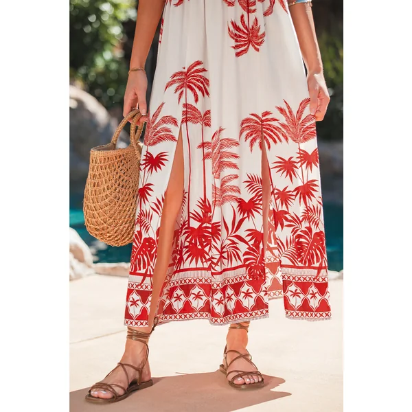 Robe longue tropicale col surplis sans manches