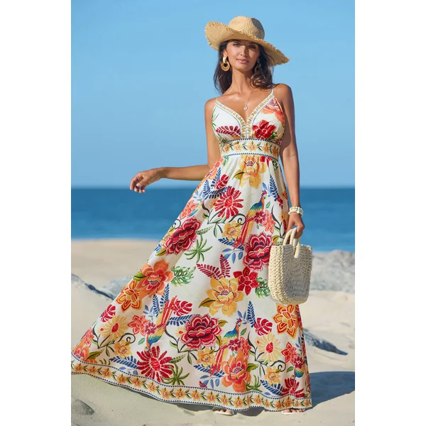 Robe longue tropicale fermeture éclair au dos