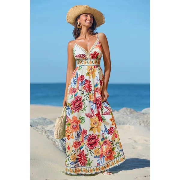 Robe longue tropicale fermeture éclair au dos