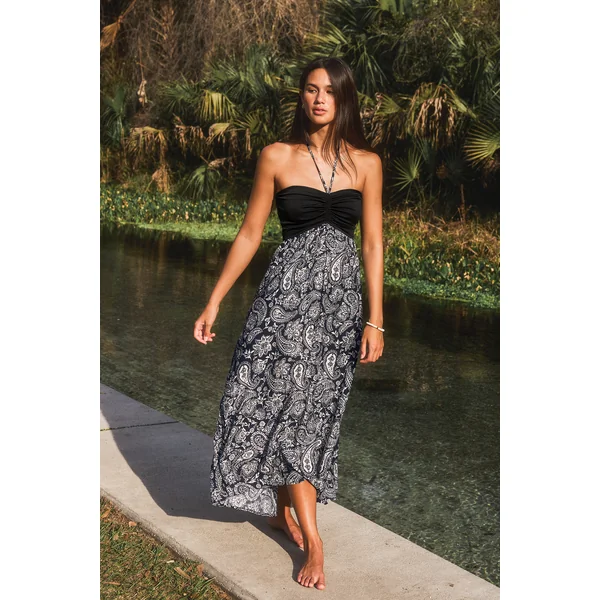 Robe longue tropicale noire col cœur