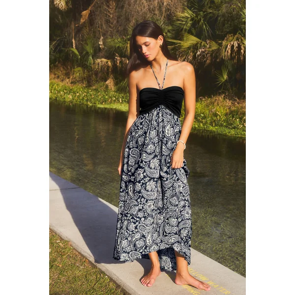 Robe longue tropicale noire col cœur