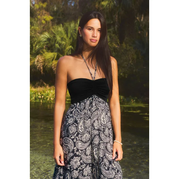 Robe longue tropicale noire col cœur