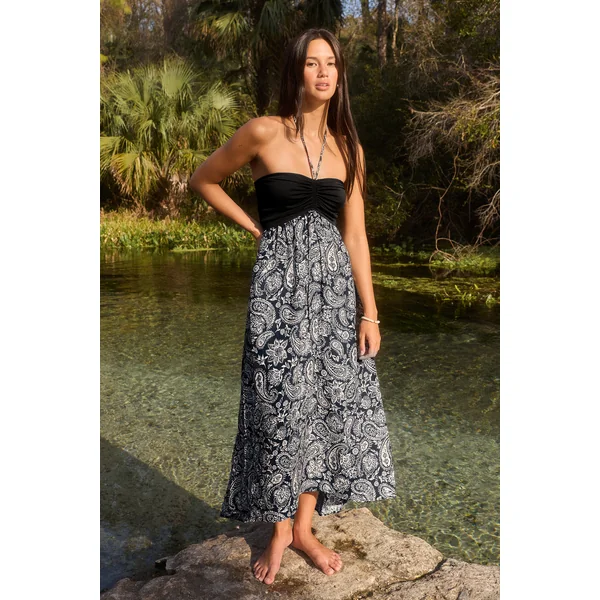 Robe longue tropicale noire col cœur
