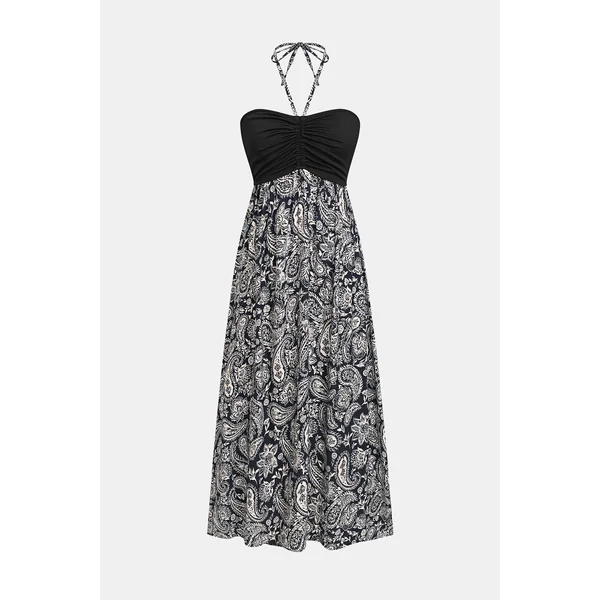 Robe longue tropicale noire col cœur