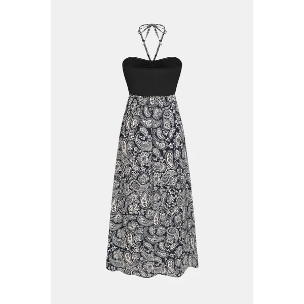 Robe longue tropicale noire col cœur