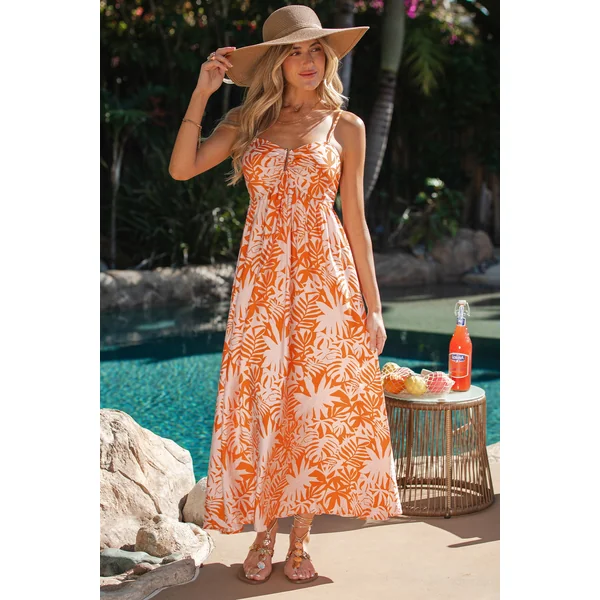 Robe longue tropicale orange sans manches