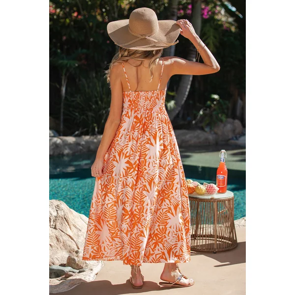 Robe longue tropicale orange sans manches