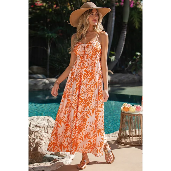 Robe longue tropicale orange sans manches