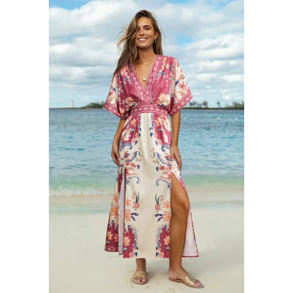 Robe longue tropicale rose col plongeant