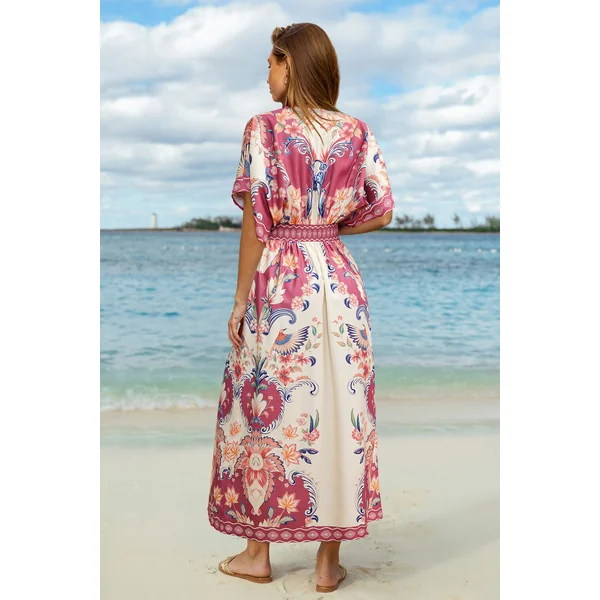 Robe longue tropicale rose col plongeant
