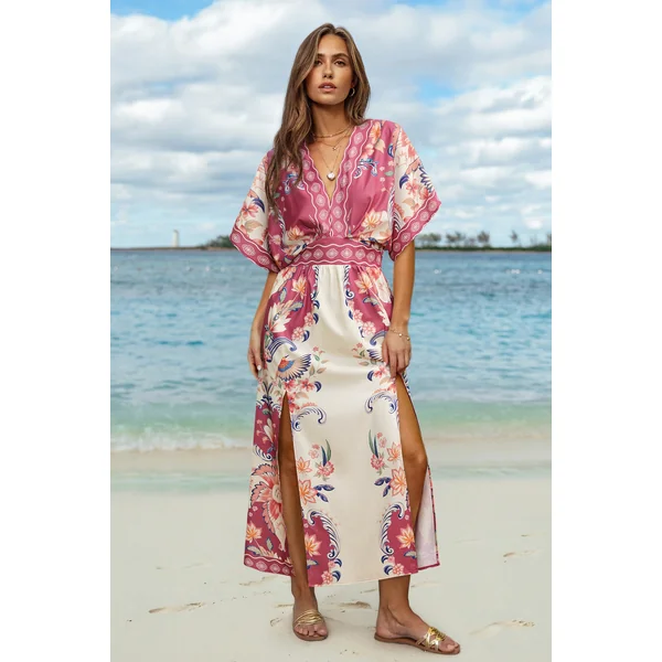 Robe longue tropicale rose col plongeant