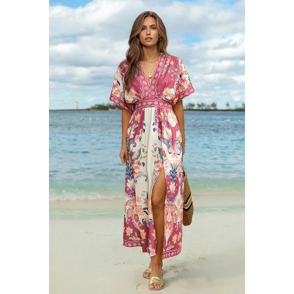 Robe longue tropicale rose col plongeant