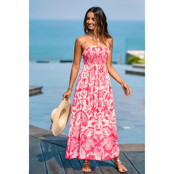 Robe longue tropicale smockée