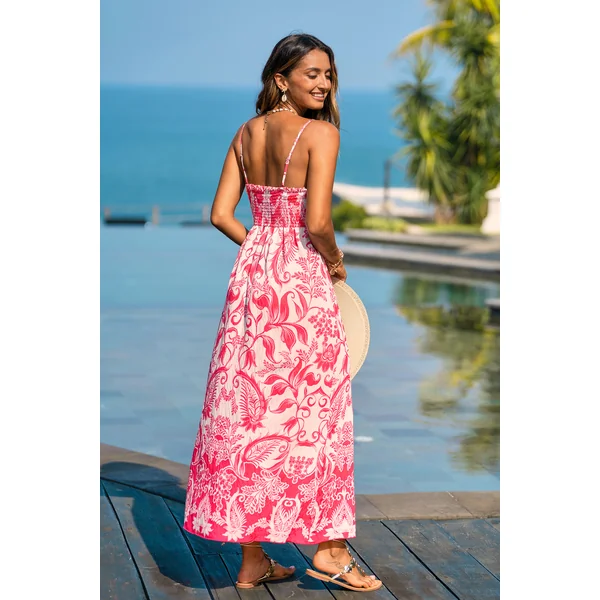 Robe longue tropicale smockée