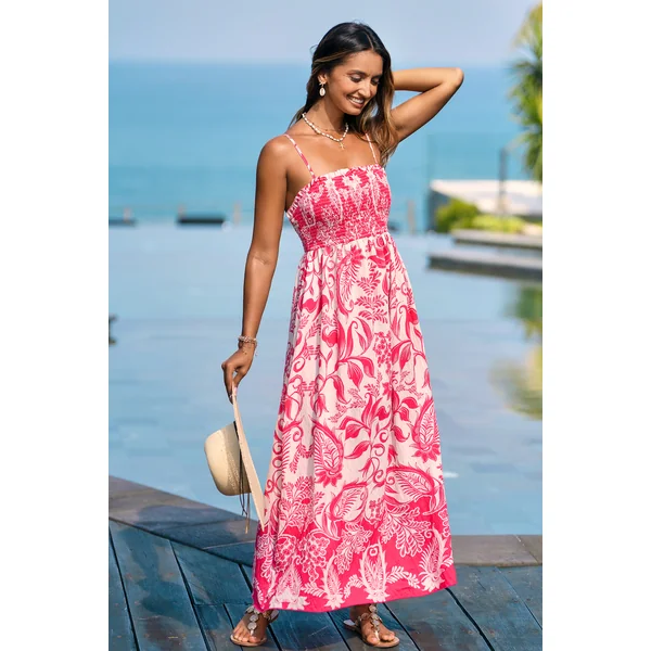 Robe longue tropicale smockée