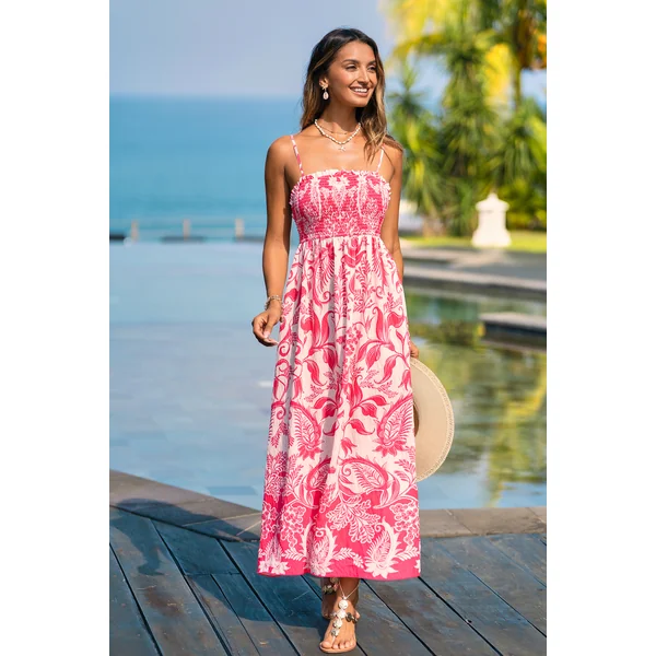 Robe longue tropicale smockée