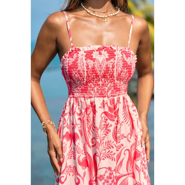 Robe longue tropicale smockée