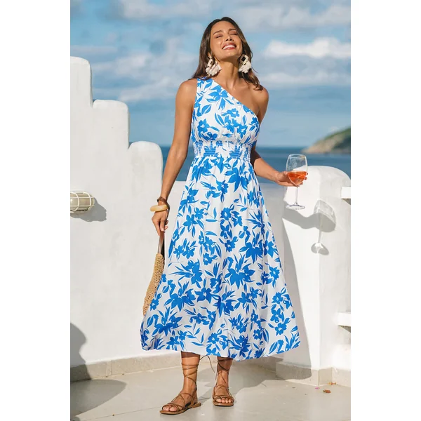 Robe longue tropicale à col asymétrique