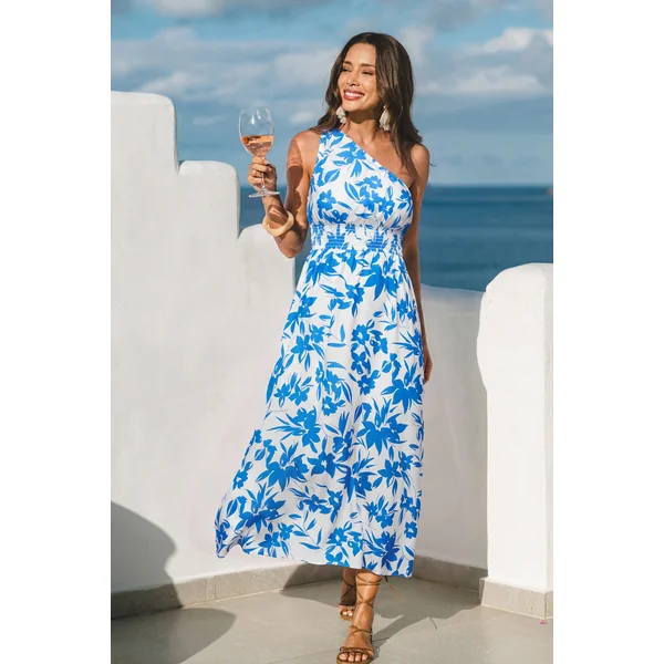 Robe longue tropicale à col asymétrique