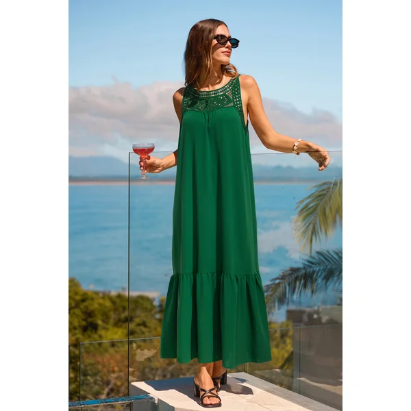 Robe longue verte col rond sans manches