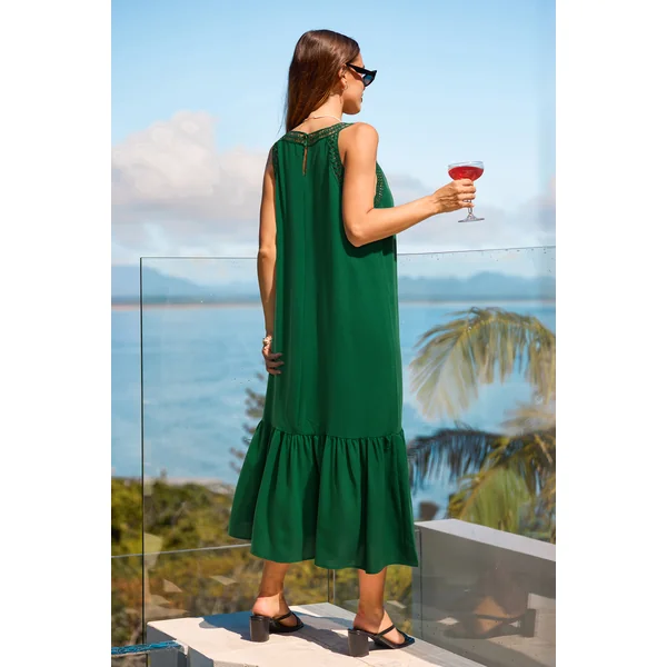 Robe longue verte col rond sans manches