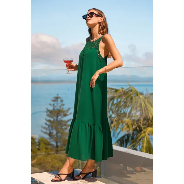 Robe longue verte col rond sans manches