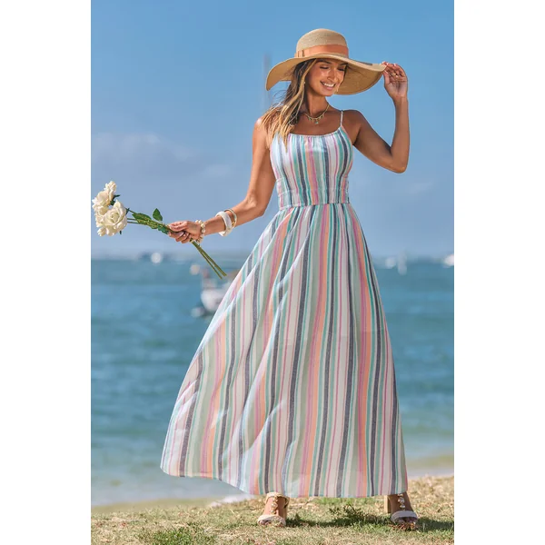 Robe longue à rayures sans manches col carré
