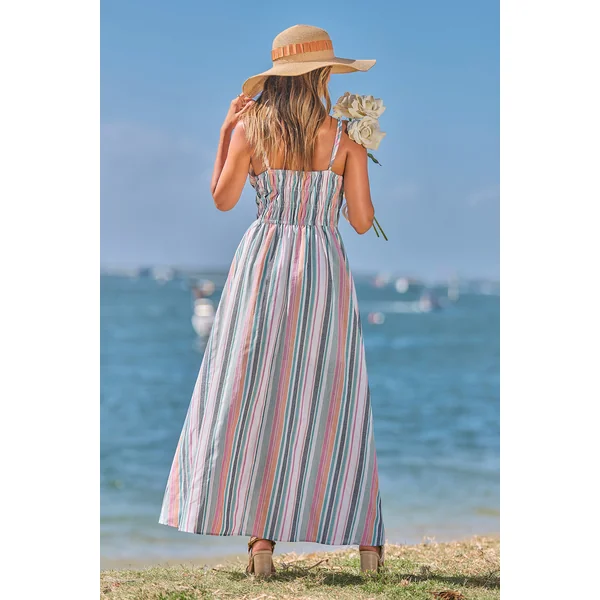 Robe longue à rayures sans manches col carré