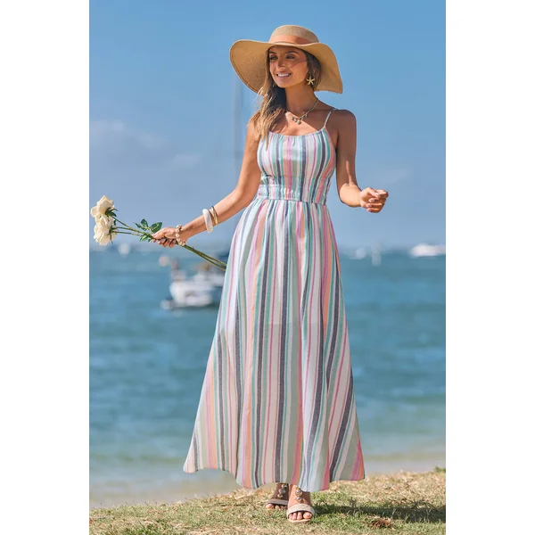 Robe longue à rayures sans manches col carré
