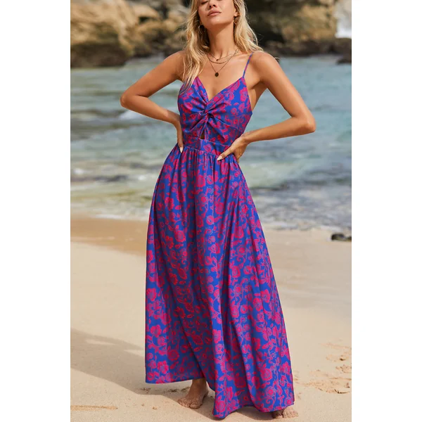 Robe maxi florale à col en V avec nœud