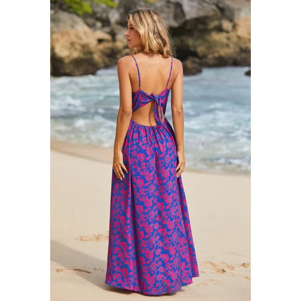 Robe maxi florale à col en V avec nœud