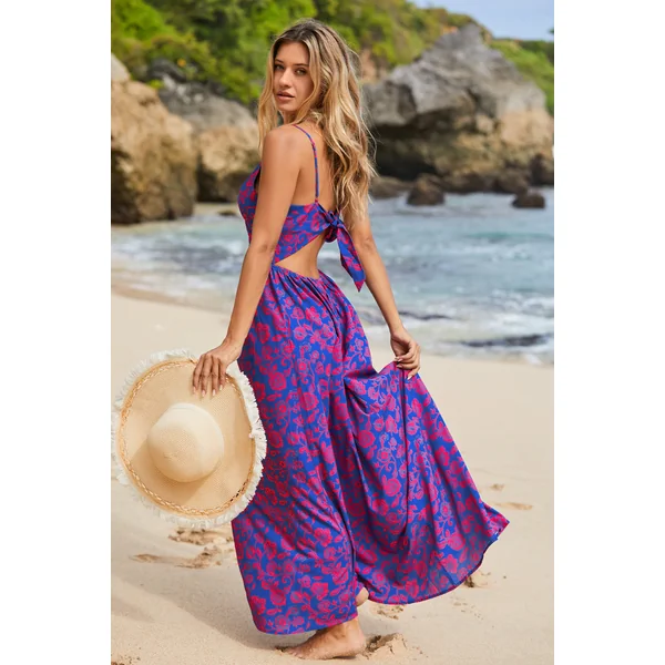 Robe maxi florale à col en V avec nœud