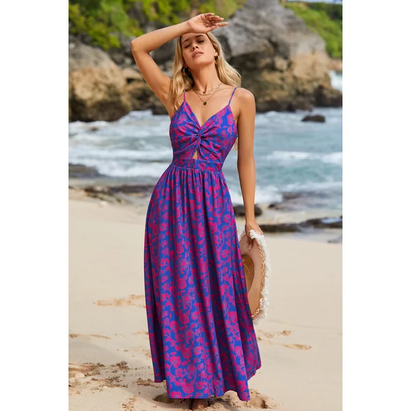 Robe maxi florale à col en V avec nœud