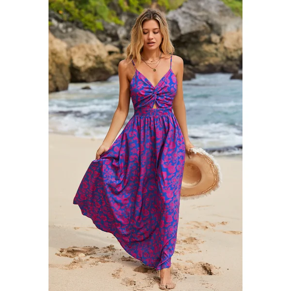 Robe maxi florale à col en V avec nœud