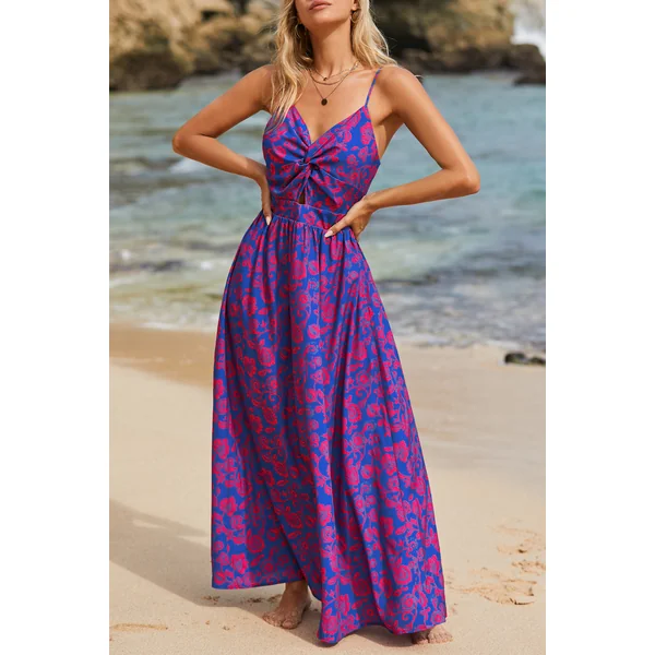Robe maxi florale à col en V avec nœud