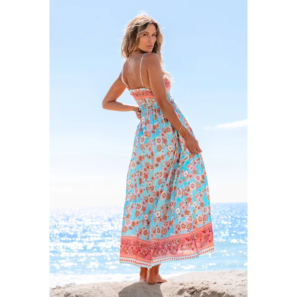 Robe maxi sans manches à col carré et à fleurs bleue et rose