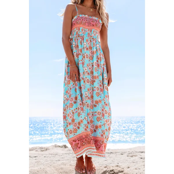 Robe maxi sans manches à col carré et à fleurs bleue et rose