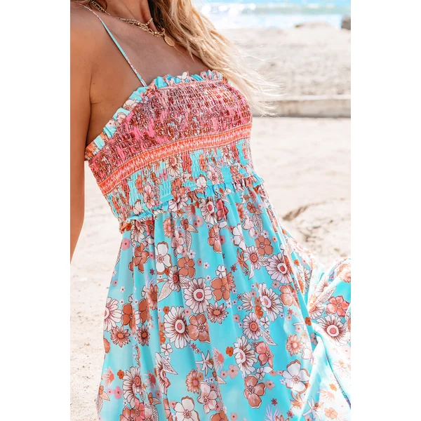 Robe maxi sans manches à col carré et à fleurs bleue et rose