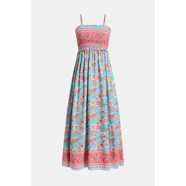 Robe maxi sans manches à col carré et à fleurs bleue et rose